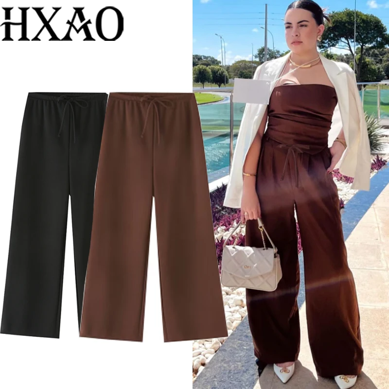 HXAO Women's Pants Baggy Wide Pants Woman Summer Ladies Pant Sets Casual New In Black Pants Lace Up Fluid Trousers Bottoms