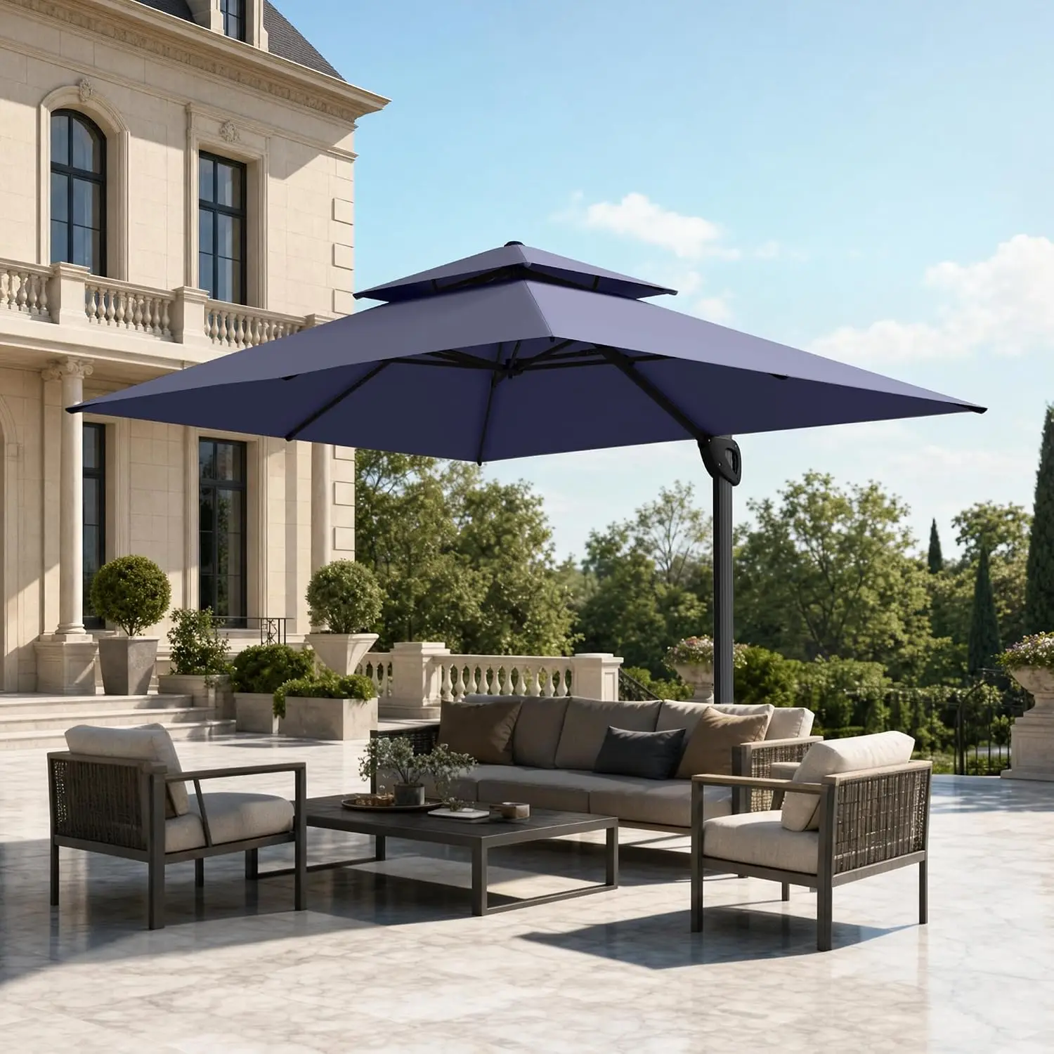 9'x12' Hydraulic Cantilever Patio Umbrella w/ 360°Rotation, Navy, Custom