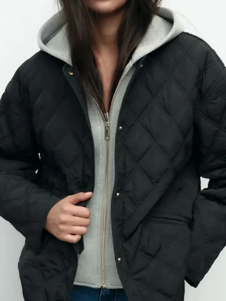 

2025 New Fashion Autumn Winter Women's Casual Hooded Solid Black Padded Bomber Coats Female Basic Quilted Loose Parkas Jackets