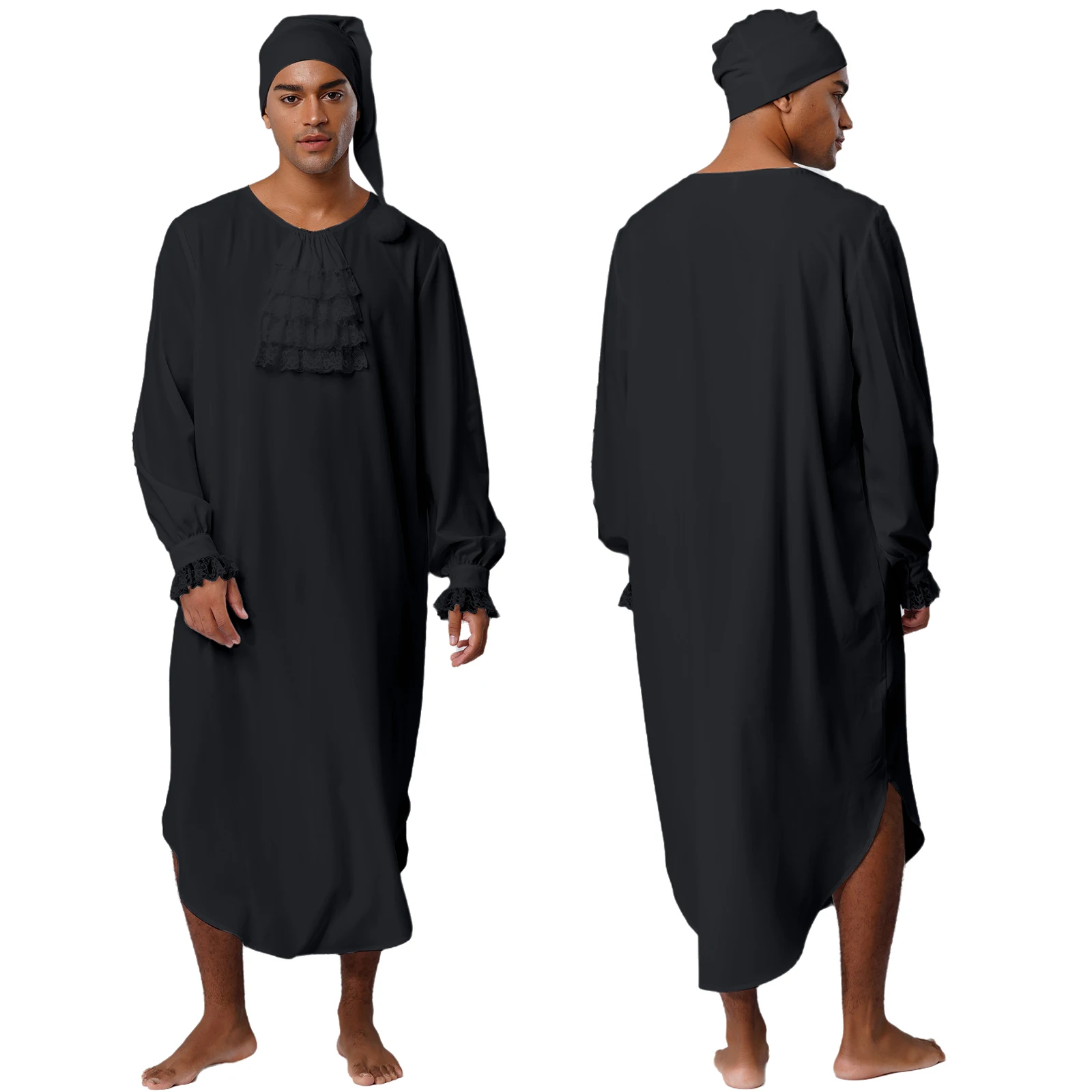 

Men Victorian Nightgown Halloween Christmas Fancy Costume Long Sleeve Lace Trim Ruffles Curved Hem Night-Robe with Nightcap