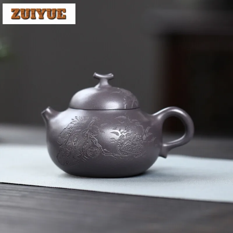 220ML Ancient Yixing Purple Clay Teapots Master Handmade Carved Pot Raw Ore Azure Mud Tea Making Kettle Zisha Tea Set Collection