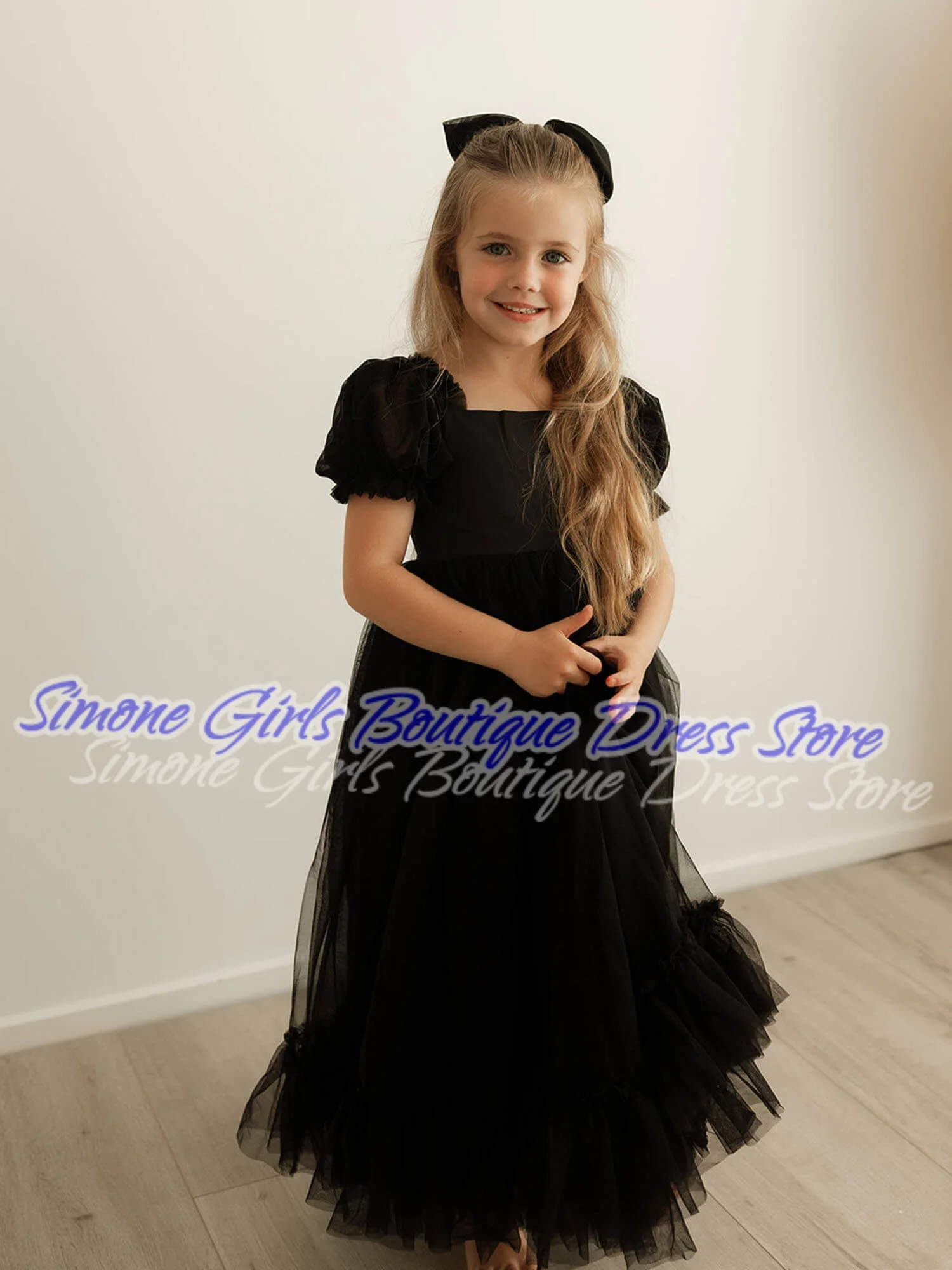 Knee-length Short Puff Sleeves Black Dress Skirt Flower Girl Dress for Wedding Ceremonies Birthday Party Dance Performances