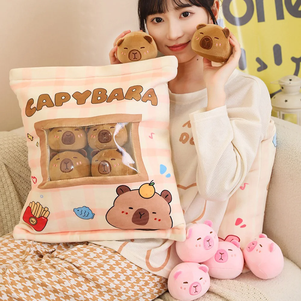 A Bag Pudding Plush Toys  Mini Puff Balls Cute Stuffed Capybara Animal Dolls Removable Set Plushies Pillow Snack Cushion Gift