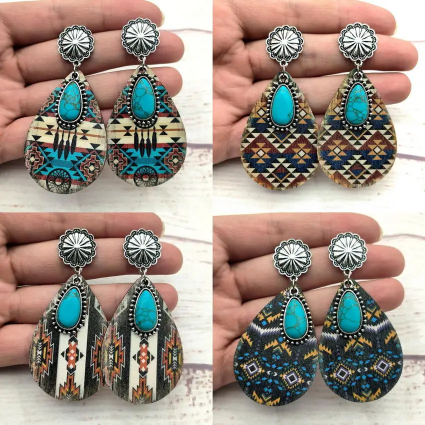 Turquoise Teardrop Wooden Aztec Teardrop Earrings 2023 New Ethnic Geometric Pattern Western Women Accessories Jewelry Wholesale