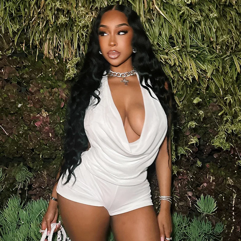 Stijlvolle sexy 2-delige set mouwloos swinghals halternek uitgevouwen rug mini shorts straatkleding strak elastisch pak vrouwelijk