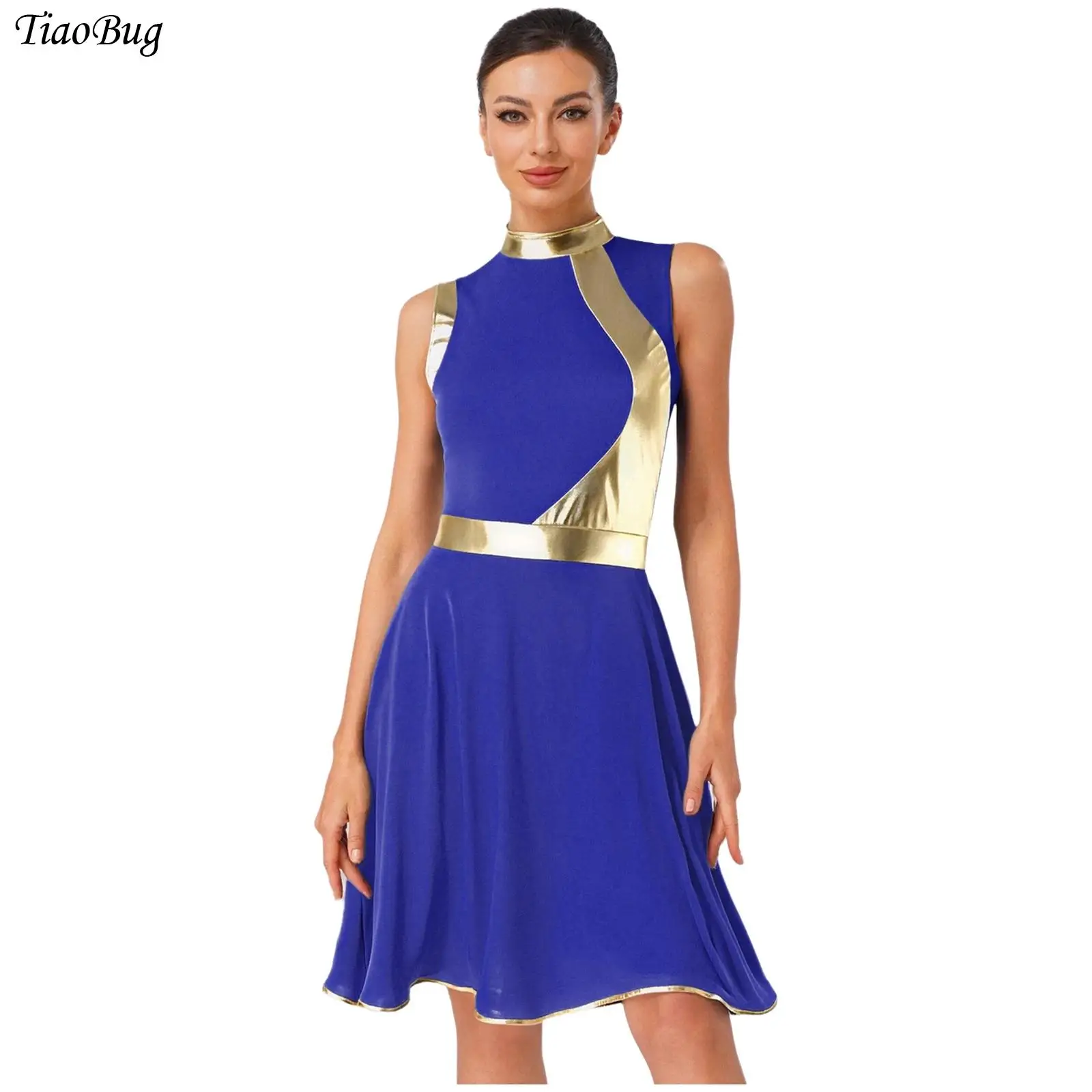 

Women Lyrical Praise Dance Dress Metallic Patchwork Sleeveless A-line Dress Liturgical Tunic Church Worship Choir Performances