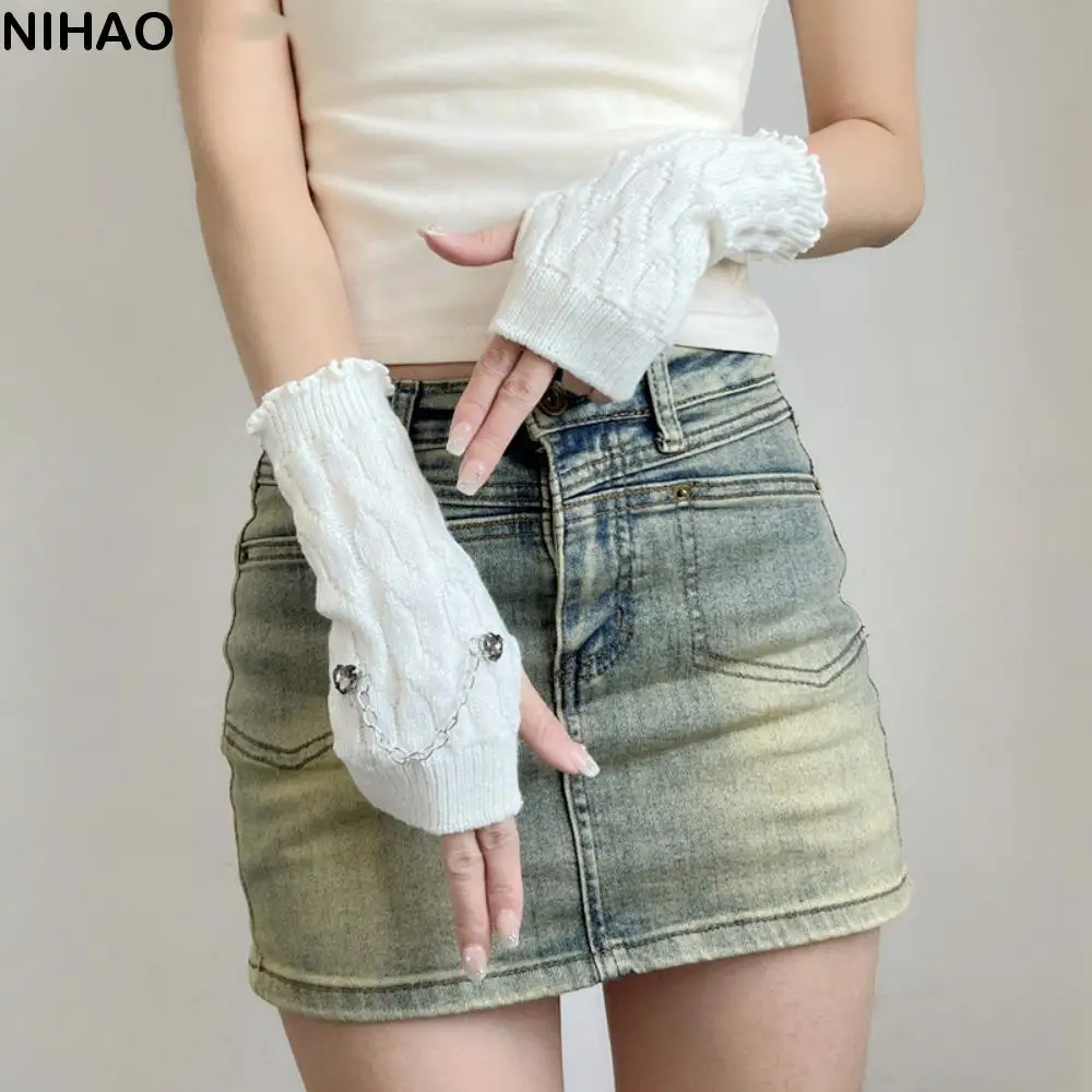 

Streetwear Elastic Y2K Warm Sleeves Star Heart Knitted Arm Warmers Long Mittens Leather Buckle Fingerless Gloves Girl Party