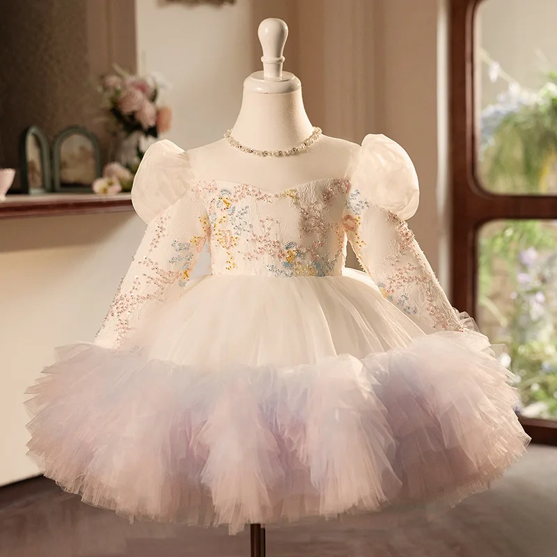 

Luxury 2025 Sequin embroidery Kids Dress for Girls Wedding Princess Long sleeves Party Pageant Formal Gown Teen Children Dress