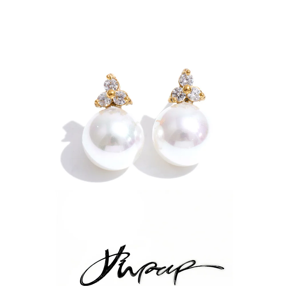 Yhpup Stainless Steel Zircon Simulated Pearls Round Korean Daily Stud Earrings Waterproof Fashion Exquisite Chic Women Jewelry