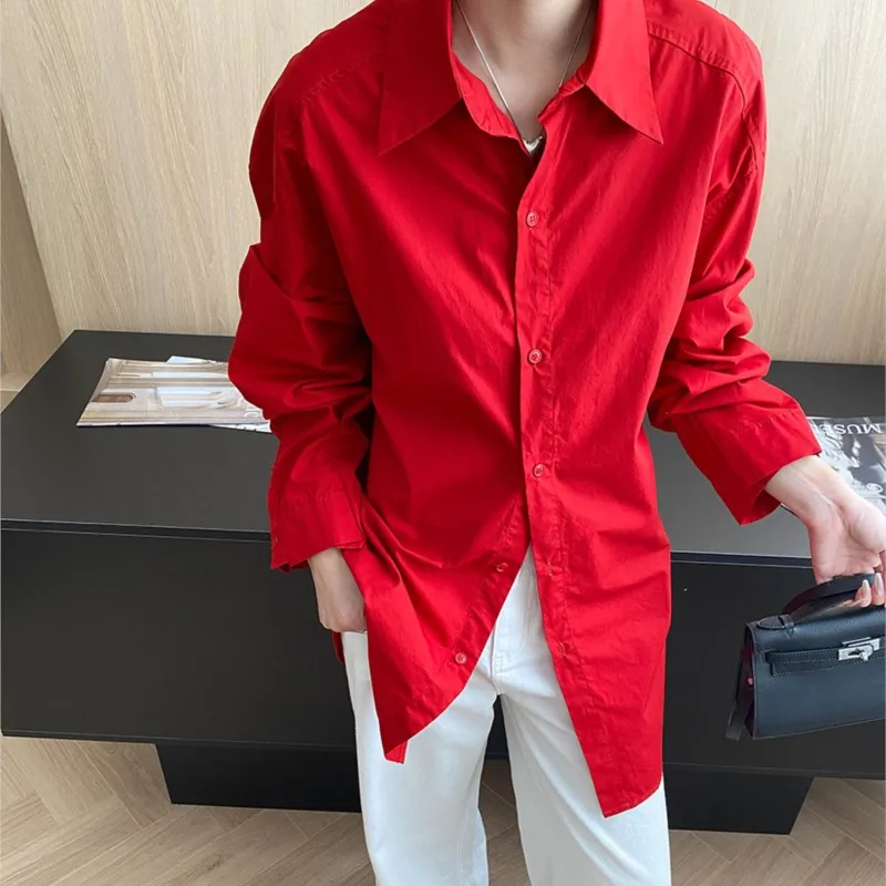 

2025 Fashion Spring Autumn Women's Shirt Tops Casual Solid Color Lapel Long Sleeved Loose Casual Red Shirt