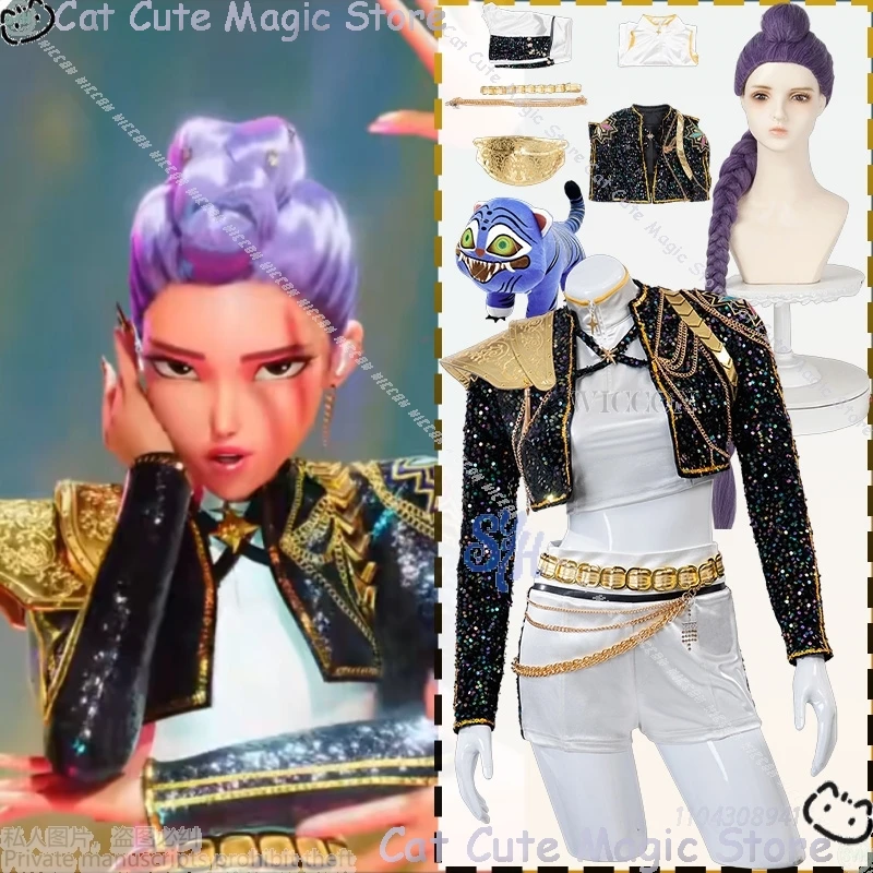 

Huntrix Rumi Косплей Kpop Demon Аниме ЗОЛОТАЯ сценическая форма Черное пальто Белое мини-платье Kawaii Девушки Корея Идол Cos Костюм Карнавал