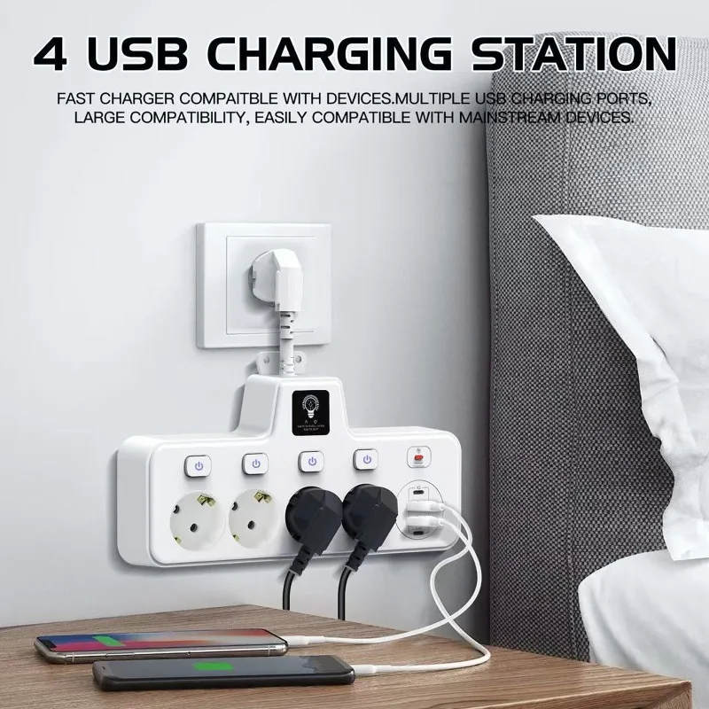 EU Plug Power Strip Socket with USB C Interface, Independent Switch Control for Conversion Socket 2C2U with Overload Protection