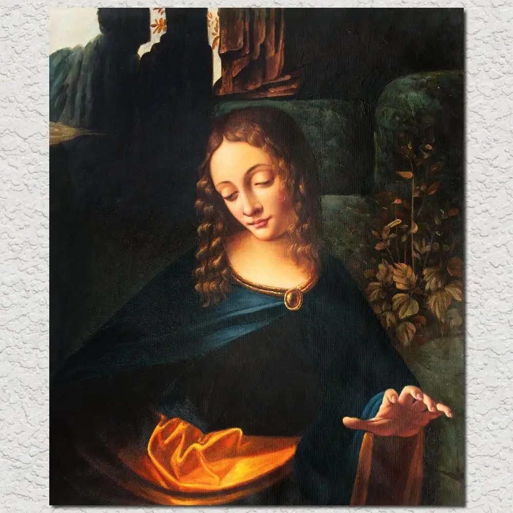 

Portrait Canvas Art Virgin of the Rocks Hand Painted Leonardo Da Vinci Oil Paintings Classical Female Artwork Wall Decor