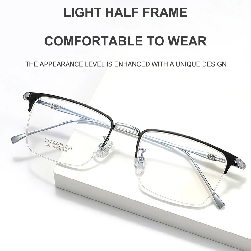 

Retro Eyebrow Semi-Titanium Large Glasses Frame Men's Business Casual Semi-Frame Ultra-Light Fashion Titanium Eyeglasses 54mm