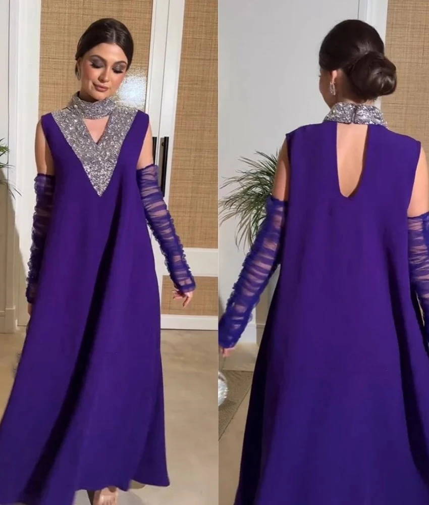 

Customized Fashion Jersey A-Line Beading Crystal Prom Gowns.Formal Banquet Dress with Sequin High Neck and Sheer Ruched Sleeves