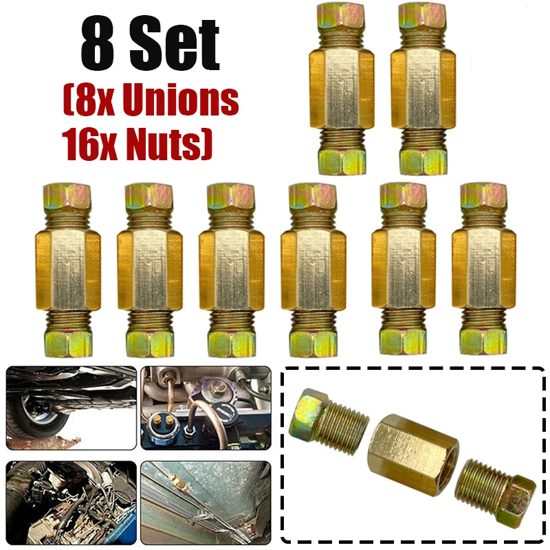 

8 комплектов 3/16-дюймовых соединителей тормозной магистрали 3/8-24, резьбовые фитинги тормозной магистрали и латунные гайки, адаптер, раструбный фитинг, инструмент для тормозной магистрали