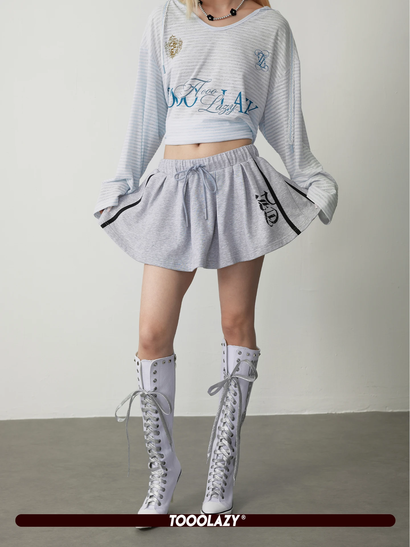 

TOOOLAZY 2026 Summer Grey Blue Sports Skirt Casual Miu Elastic Waist Belted Half Skirt Women's Standard Fit Cotton Blend