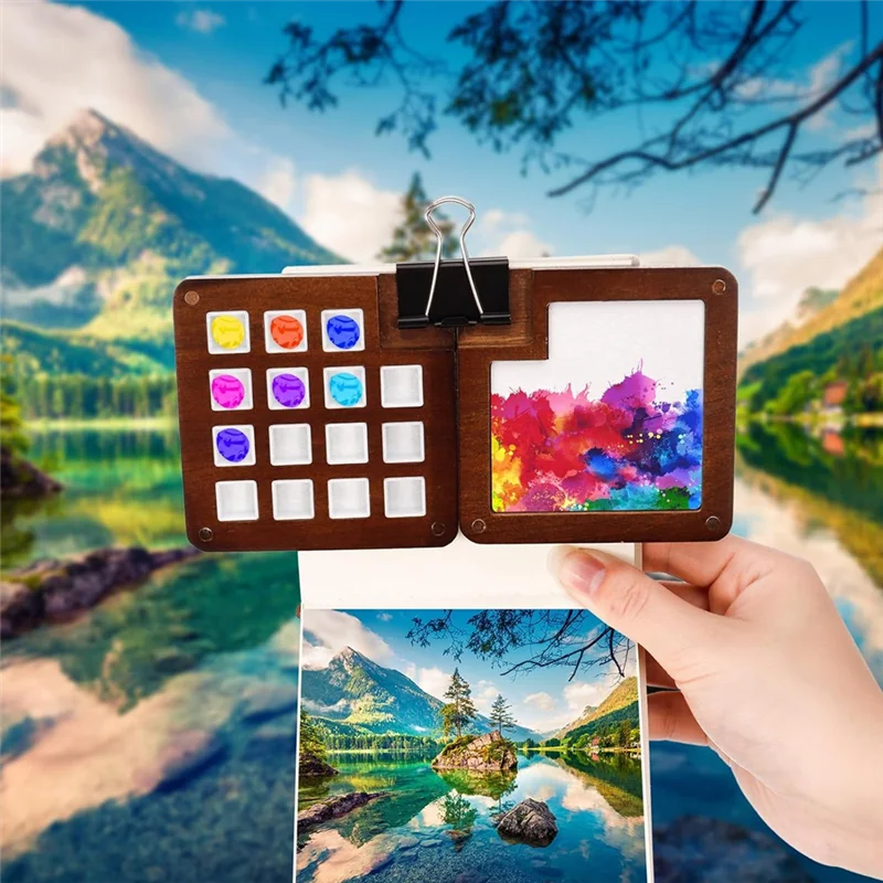 9-Piece Watercolor Palette Set, Wooden Watercolor Paint Dispensing Box With Clip For Artists Painters Students