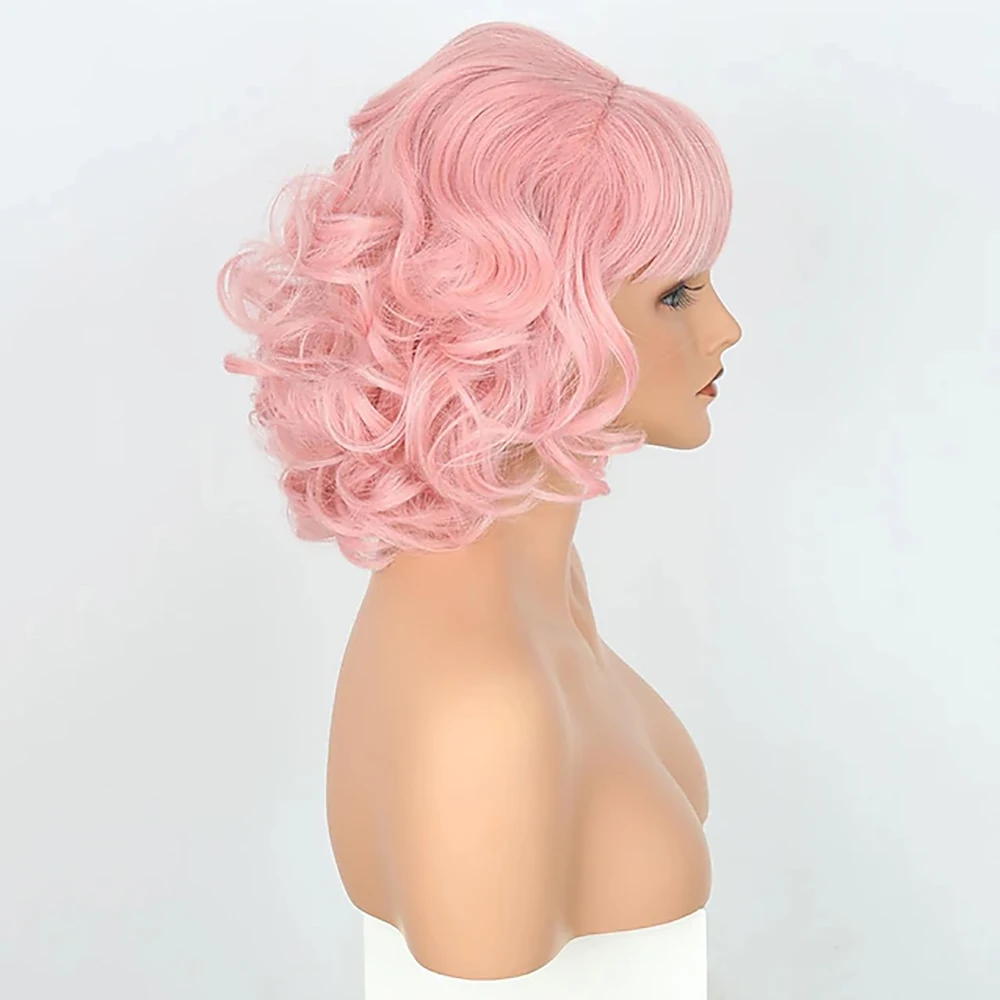 HAIRJOY  Synthetic Hair Grease Frenchy Pink Wig 50s Wig for Ladies Vintage Honeycomb Shaped Bob Curly Wig Halloween Wigs