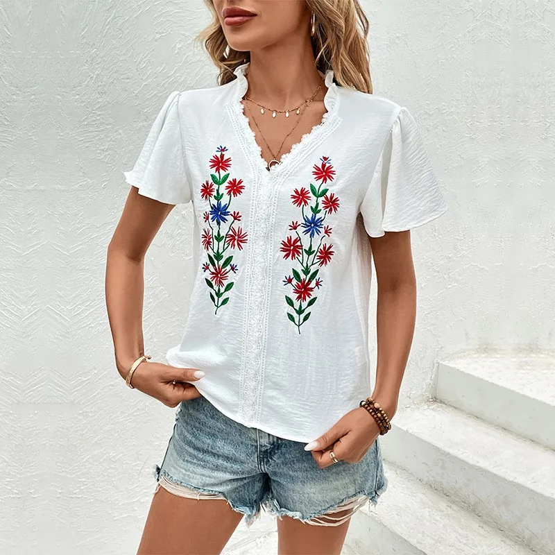 White Shirts Women Blouses V-neck Short-sleeve Chiffon Tops Embroidered Sleeve Patchwork Lace Ethnic Style Women\'s Shirt Summer