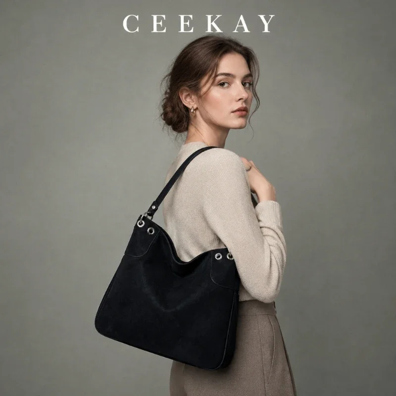 CEEKAY Suede Hobo Bag Metal Grommet Trim Top Handle All-Match Daily Wear Spacious Elegant Chic Classic Shoulder Purse for Women