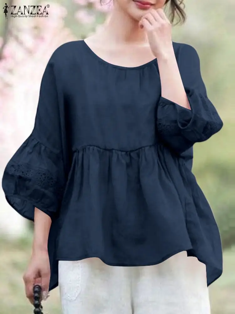 ZANZEA Elegant Lace Stitching Blouse 2024 Summer Chic Lantern 3/4 Sleeve Pleated Shirt Women Chemise Casual Loose Tops Oversiezd