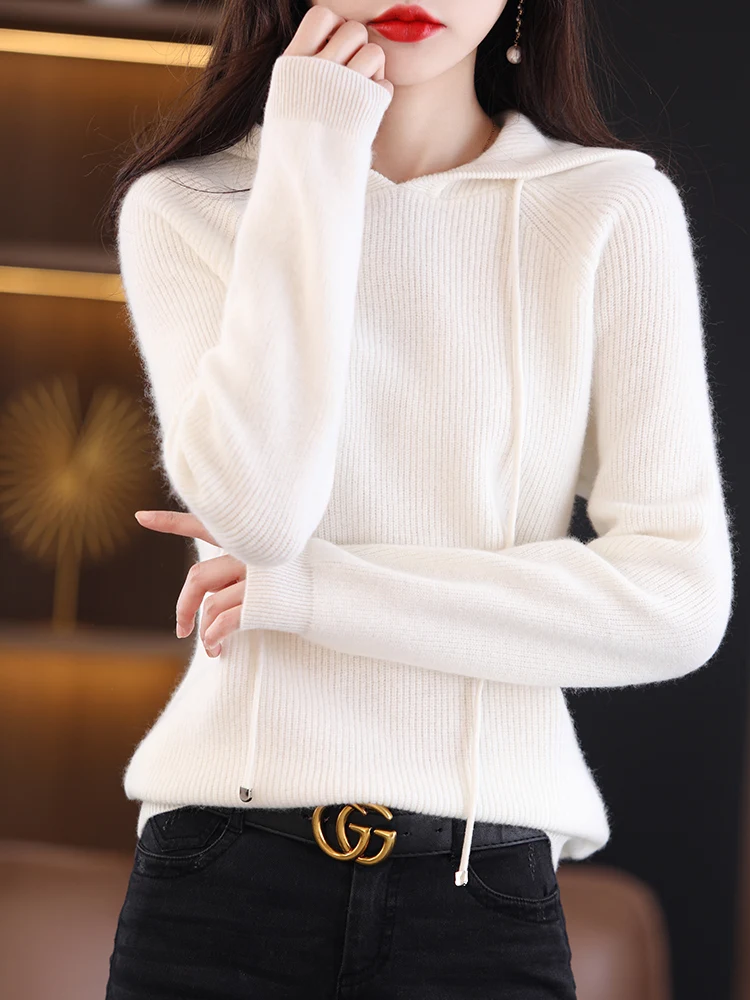 New Autumn And Winter Women\'s Hooded Sweater Solid Color Pullover Sweater Korean Version 100 Pure Wool Knitted Bottoming JQ57