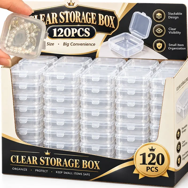 5-120Pcs Square Jewelry Storage Box Mini Plastic Transparent Flip Portable Pill Container Home Earrings Display DIY Case Supply