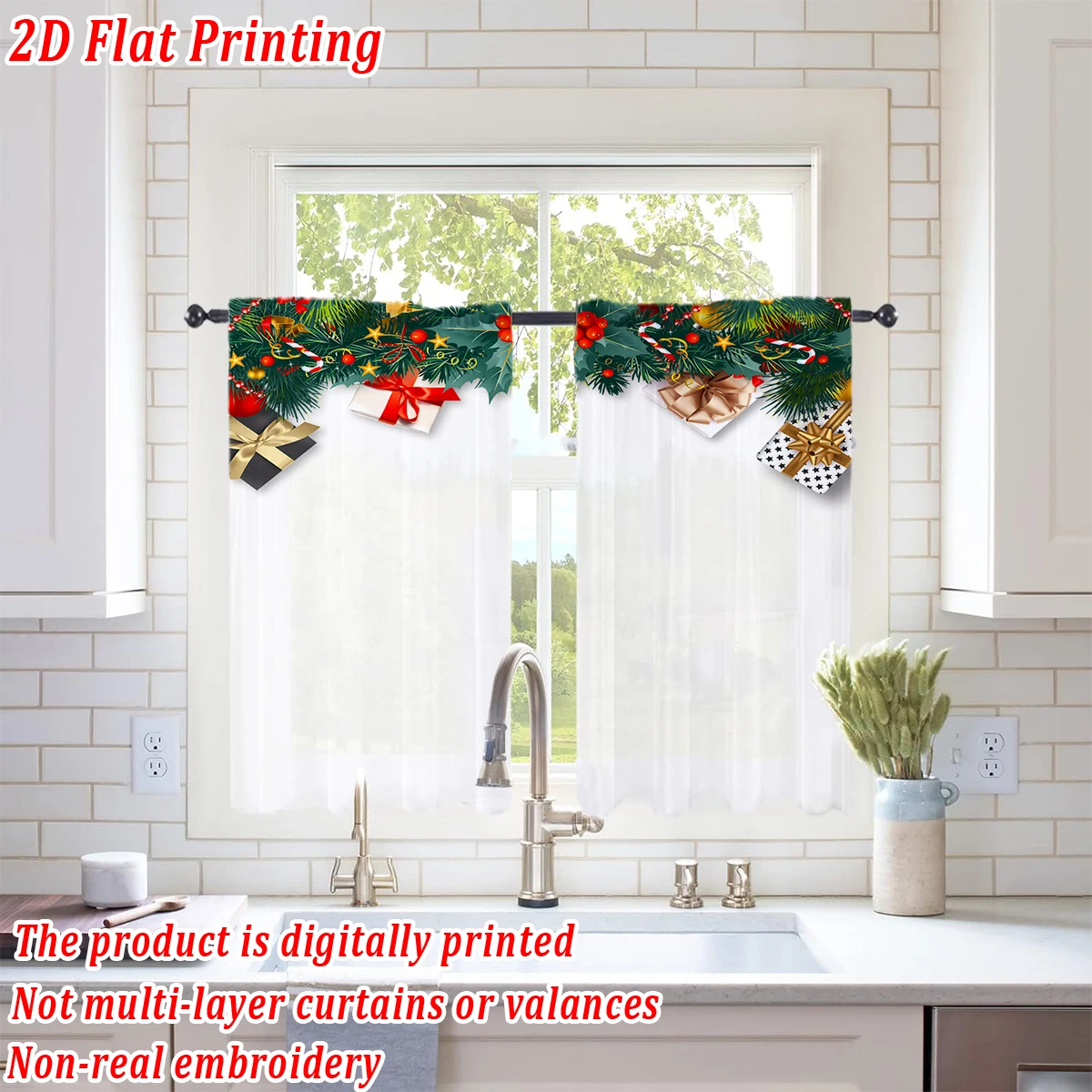 Christmas Flat Printing Kitchen Sheer Curtain with Merry Christmas Gift Box Pine Branch Ornament For Christmas Home Decor  Party
