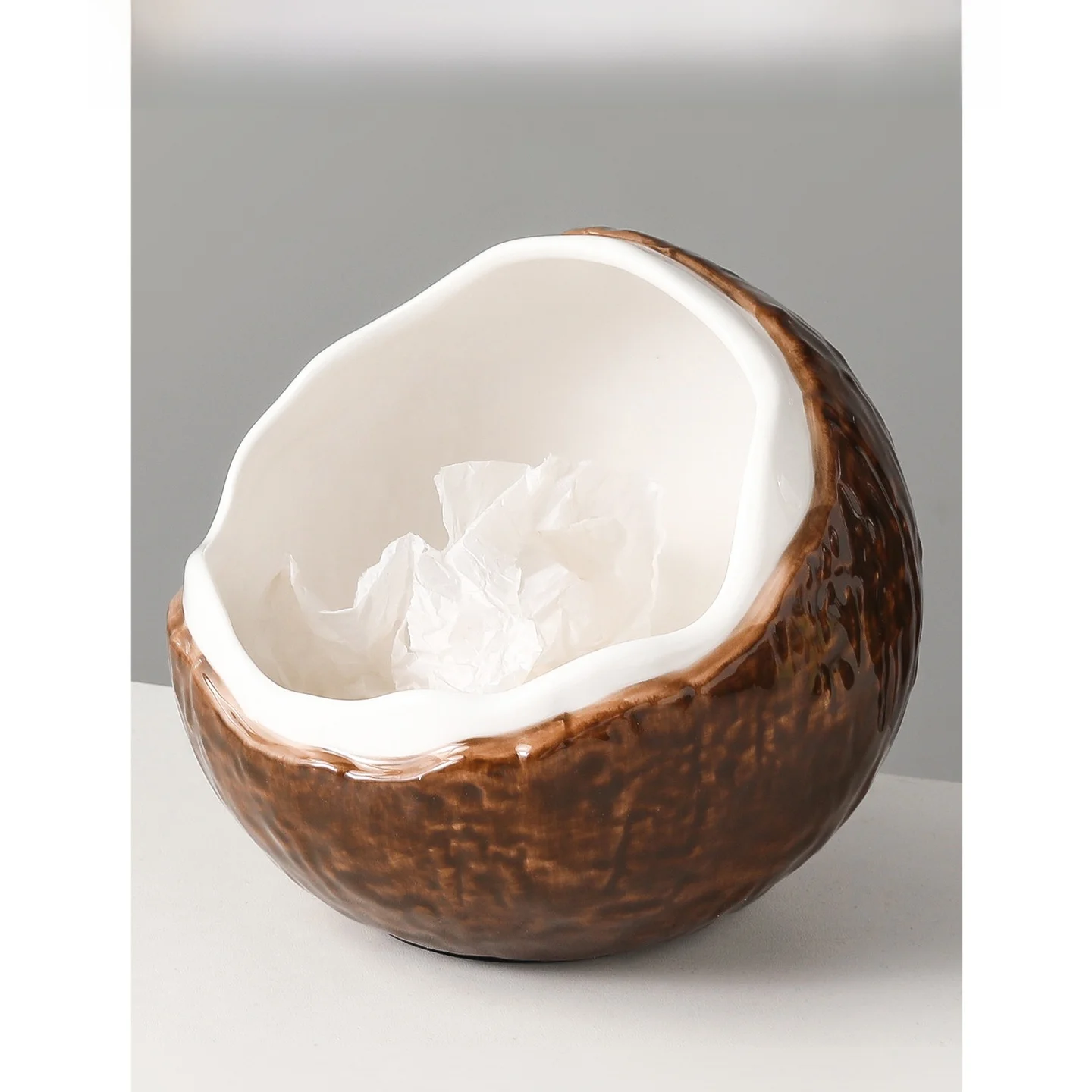 Cute Coconut Egg Shaped Desktop Trash Can Creative Ceramic Living Room Dining Table Home Decorative Storage Bucket Decoration