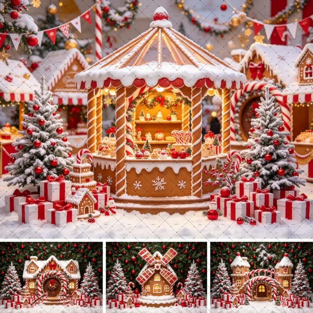 Christmas Gingerbread House Booth Backdrop Candy Cane Snow Tree Scene Photo Background Winter Family Portrait Studio Decor Prop