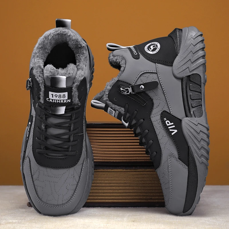 

New Winter Warm Fur Snow BootsOutdoor plush Non-slip Work High-top Casual Shoes for Men Waterproof PU Leather Ankle Boots
