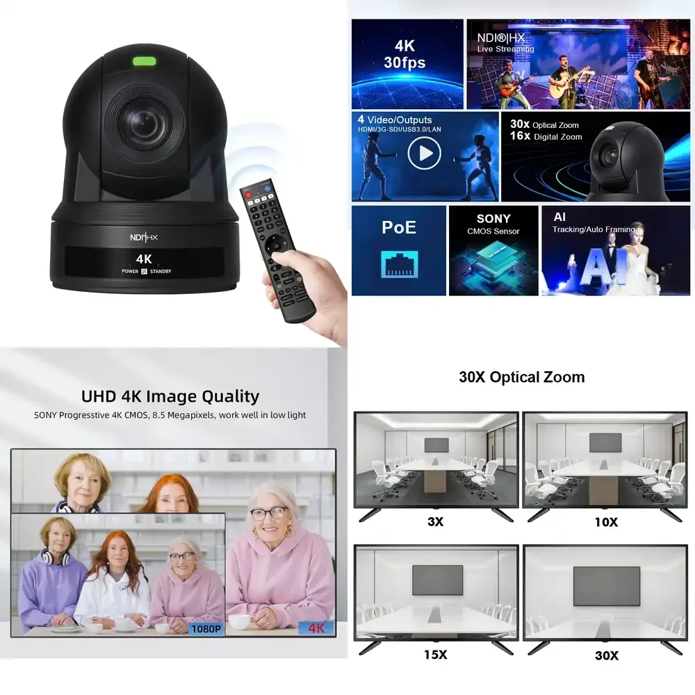 NDI PTZ 4K with 30X Optical Zoom USB3.0/ PoE PTZ Conference for Church Streaming,Education,Works with Zoom