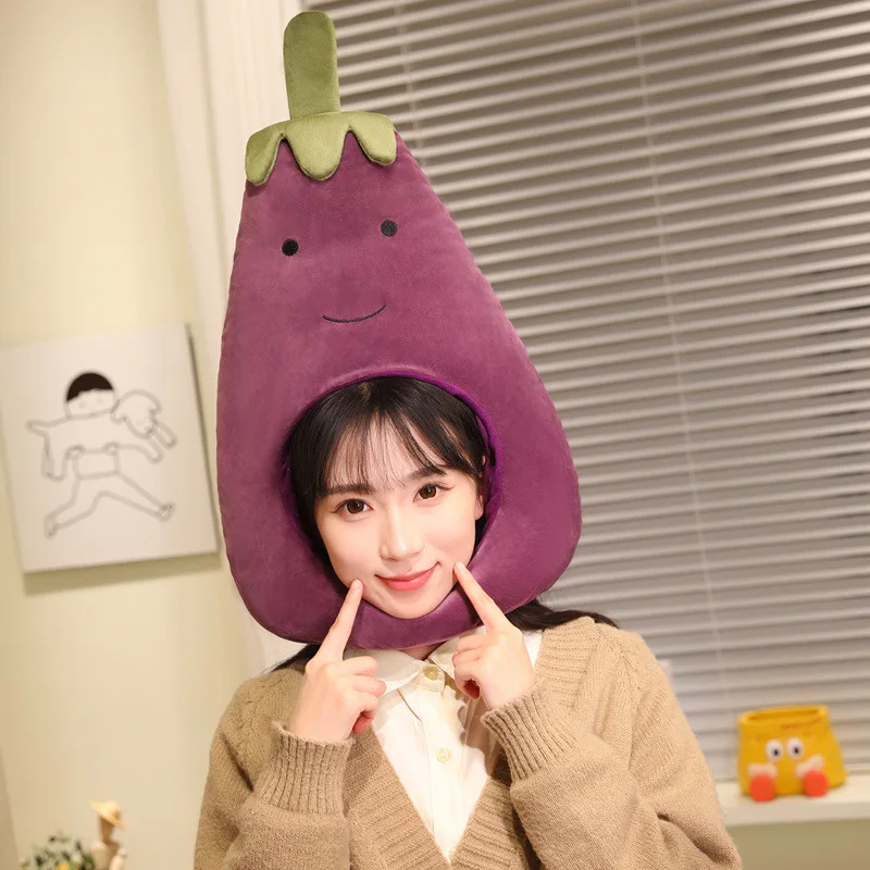 Funny Eggplant Plush Hat Soft Stuffed Head Cover Novelty Cartoon Cap for Women Kids Cosplay Stage Performance