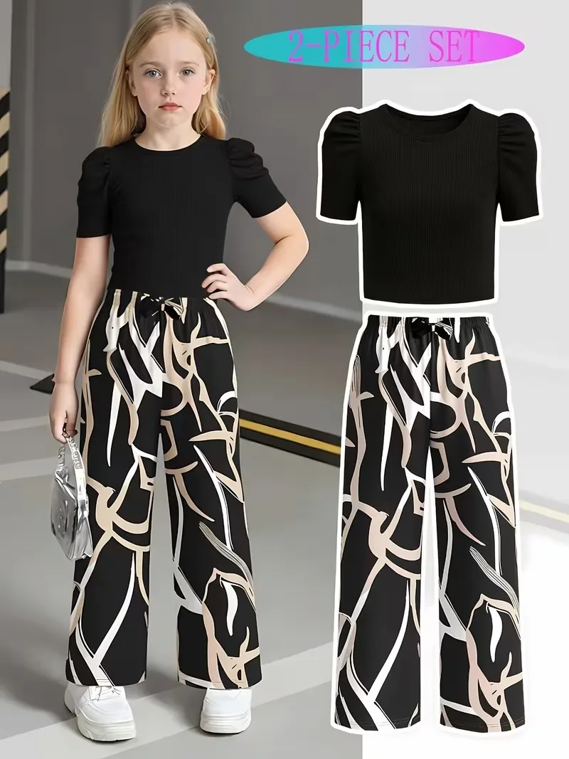 Girls 2-Piece Outfit Green Puff Sleeve Ribbed Crop Top & Abstract Print Wide Leg Pants Set