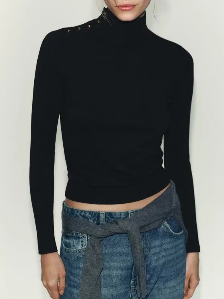 Estilo europeu nova moda feminina versátil temperamento simples cor sólida casual botão para baixo camisola