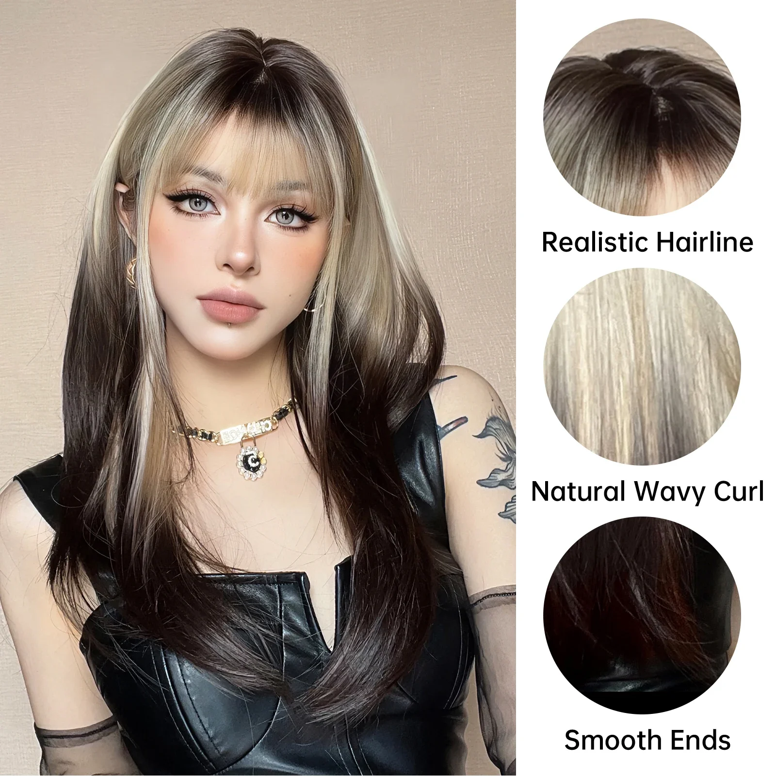 Women's Long Straight Brown Black to White Ombre Wig - Heat-Resistant Synthetic Hair,for Daily Use Cosplay Enthusiasts Christmas image 3
