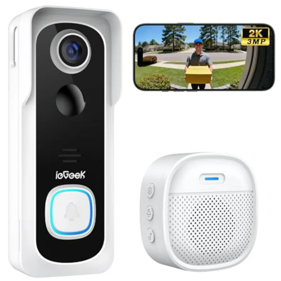 Wireless Video Doorbell Camera, No Subscription Needed, 2K HD Clear View, PIR Motion Detection Instant Alert with Indoor Chime,