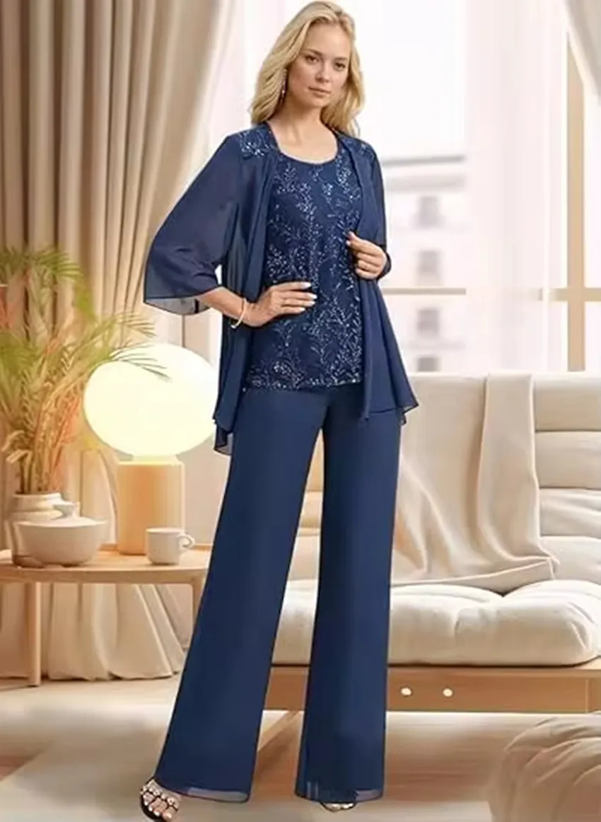 Abiti per la madre della sposa personalizzati Taglie forti 3 Abiti a tre pezzi Pantaloni Abiti da sera con giacca in pizzo ricamato a maniche lunghe