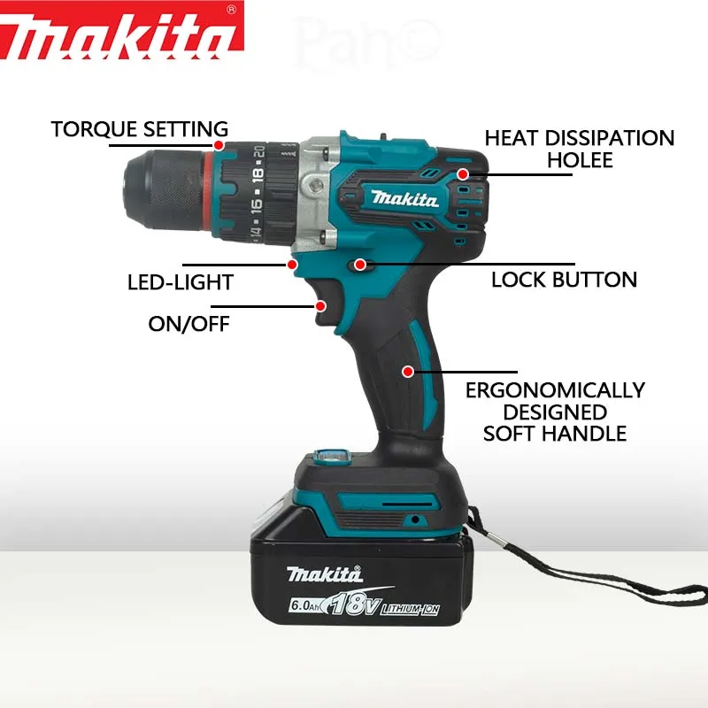 Makita-DDF487充電式電気ドリル、ポータブルブラシレスドライバー、リチウム電池、ハンマードリル、13mm