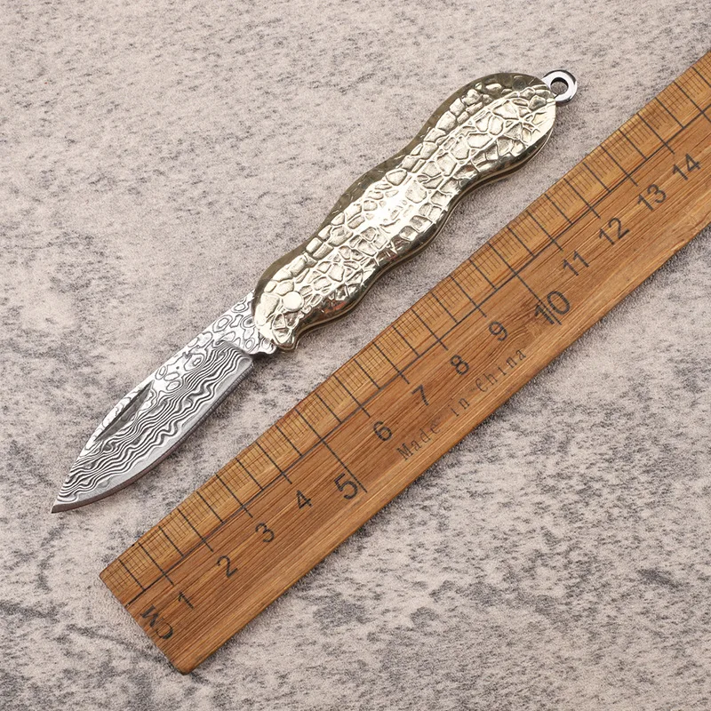 Brass Handle Unlocking Folding Blade Knife VG10 Damascus Steel Small Portable Pocket Knives Hand Tools With Nylon Bag Box