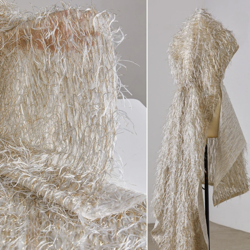 Gold White Feather Tassel Fabric Metallic Yarn Textured Fabric Handmade DIY Wedding Dress Evening Gown Costume Designer Fabric