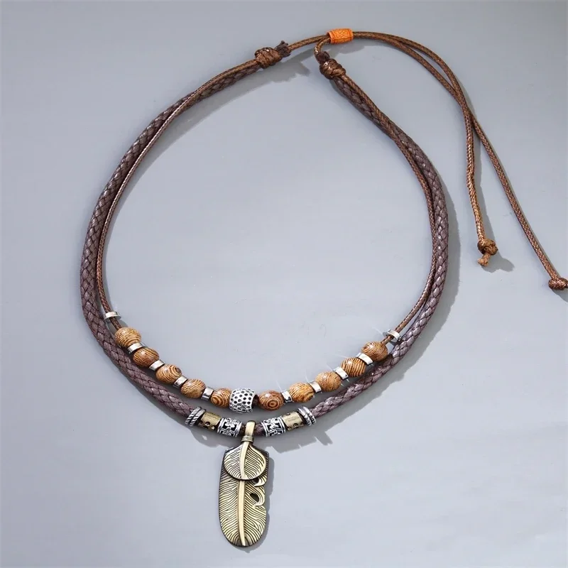 

Black brown leather choker necklace antique color shape charm multilayer chain necklace