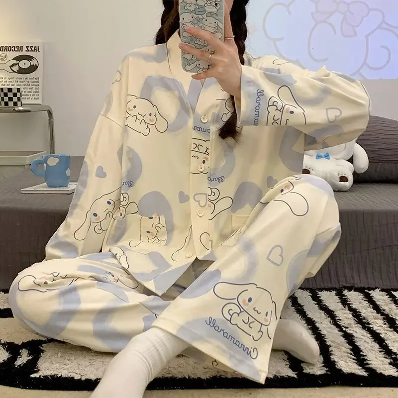 Anime 2Pcs Cotton Pajamas Suit Kuromi Sanrioed Cartoon Pochacco Tops Pants Women Home Clothes Cute Loose Casual Girls Nightwear