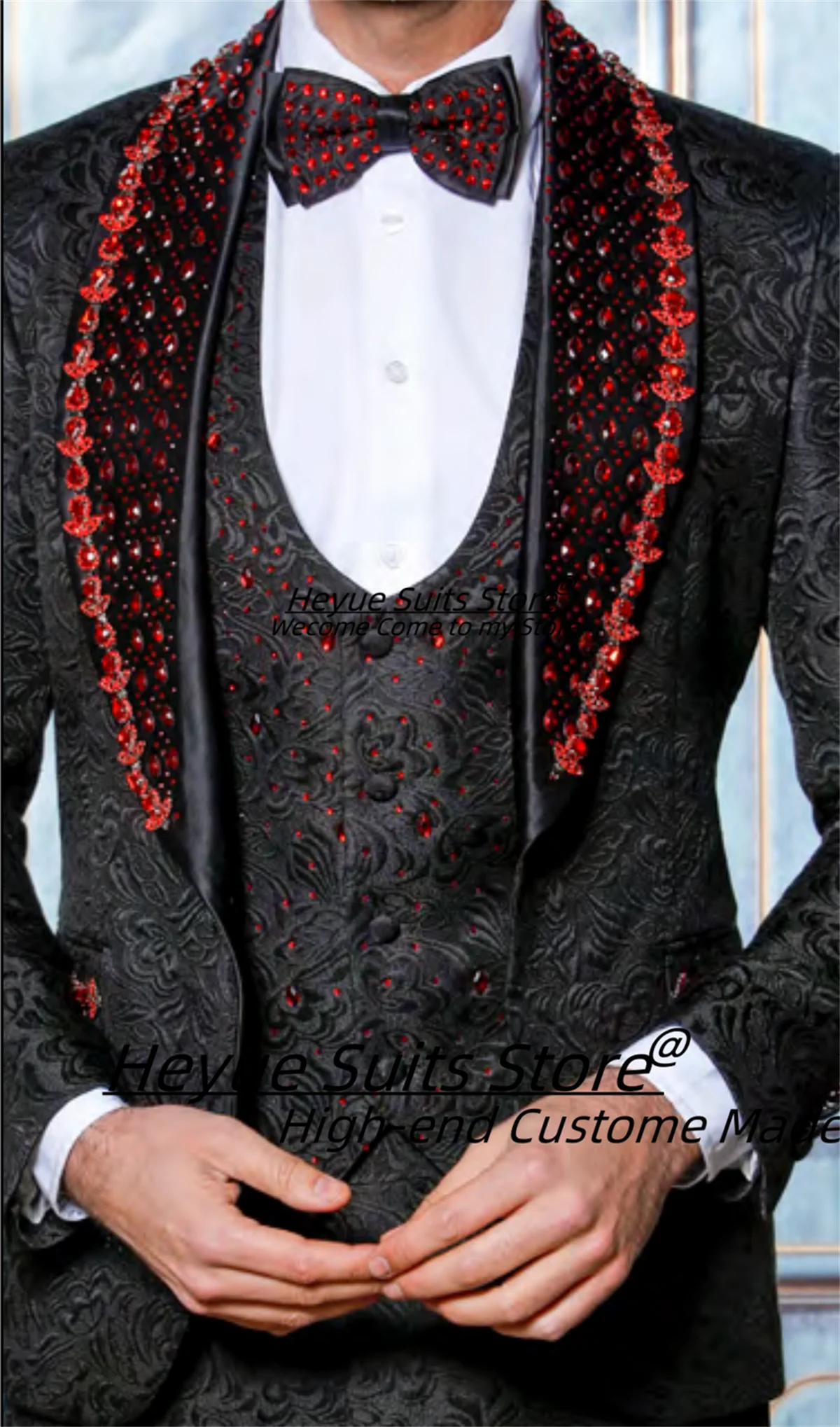 

Luxuly Black Jacquard Groom Wedding Tuxedos Customized Slim Fit Shiny Beading Shawl Lapel Men Suits 3 Pieces Sets Costume Homme