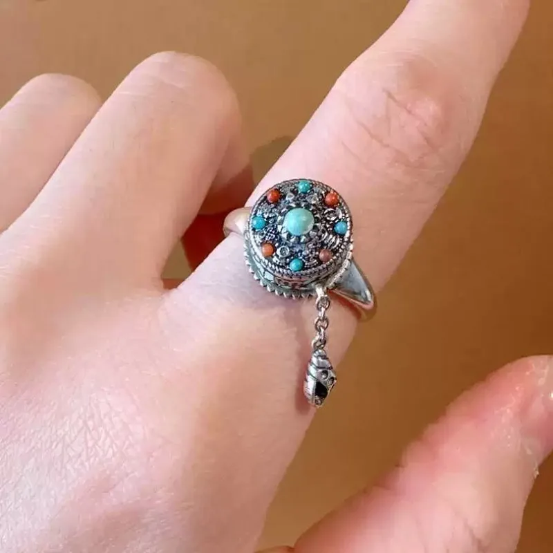 

Кольцо из стерлингового серебра S925 в тибетском стиле с вращающимся кулоном-кисточкой и гравировкой мантры из шести слогов, новый китайский минималистичный культурный подарок