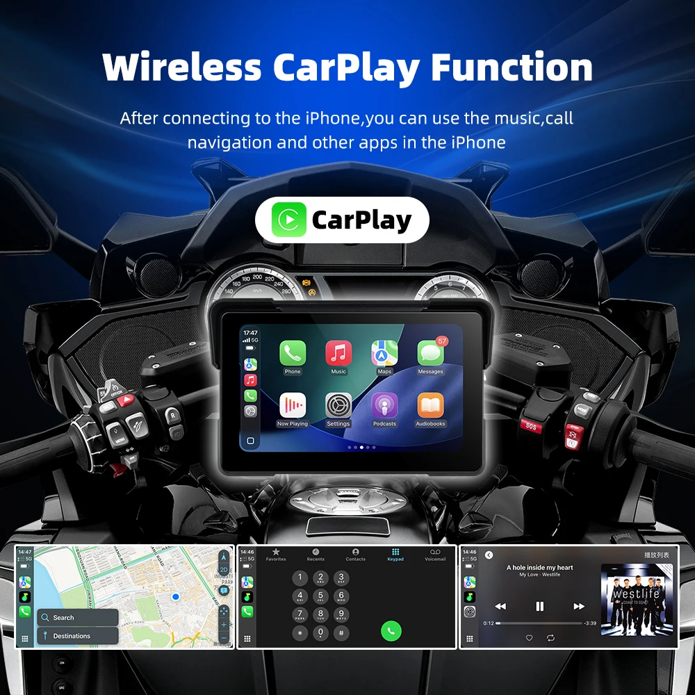 EKIY 7.0" Wireless CarPlay Moto Android Auto Portable Digital Dashboard GPS Motorcycle Navigation Display Screen TPMS Dashcam view 3