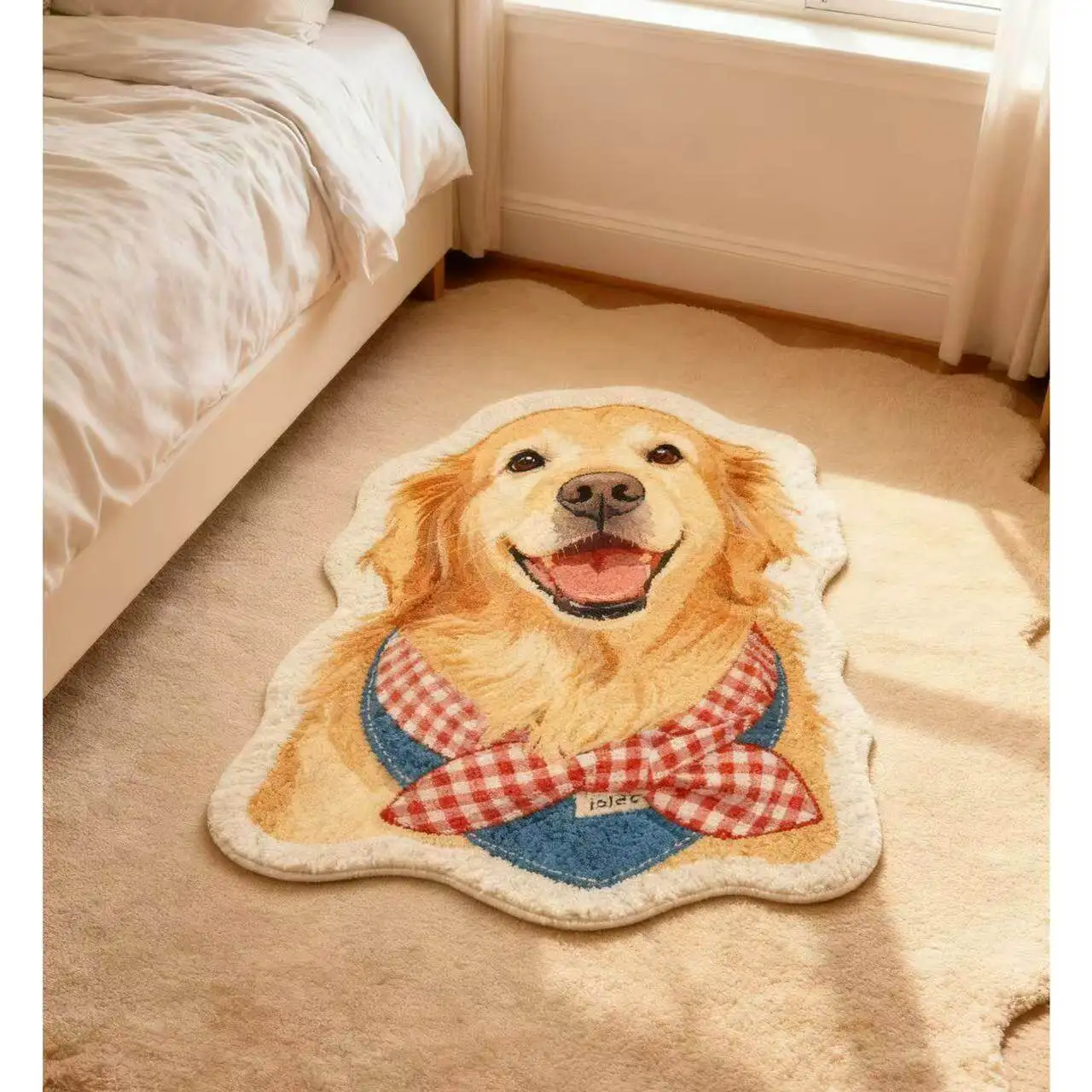 VIKAMA Golden Retriever Portrait Shaped Plush Rug Non Slip Washable Floor Mat Cute Bedroom Carpet Dog Lover Home Decor Mat