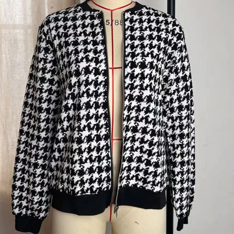 2025 خريف موضة جديدة سستة houndstooth سترة فضفاضة ضئيلة معطف فوقي غير رسمي للنساء