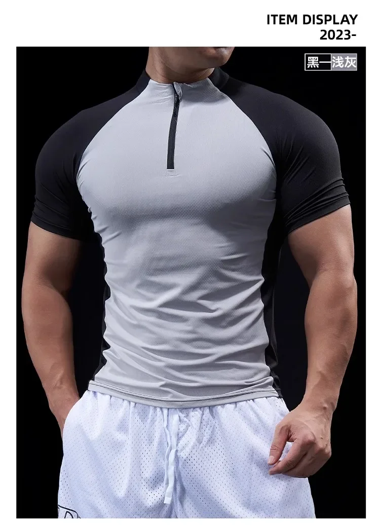Men Compression Running Zipper Polo T Shirt Fitness Tight Sport Tshirt Training Jogging Shirts Gym Elastic Quick Dry Rashgard